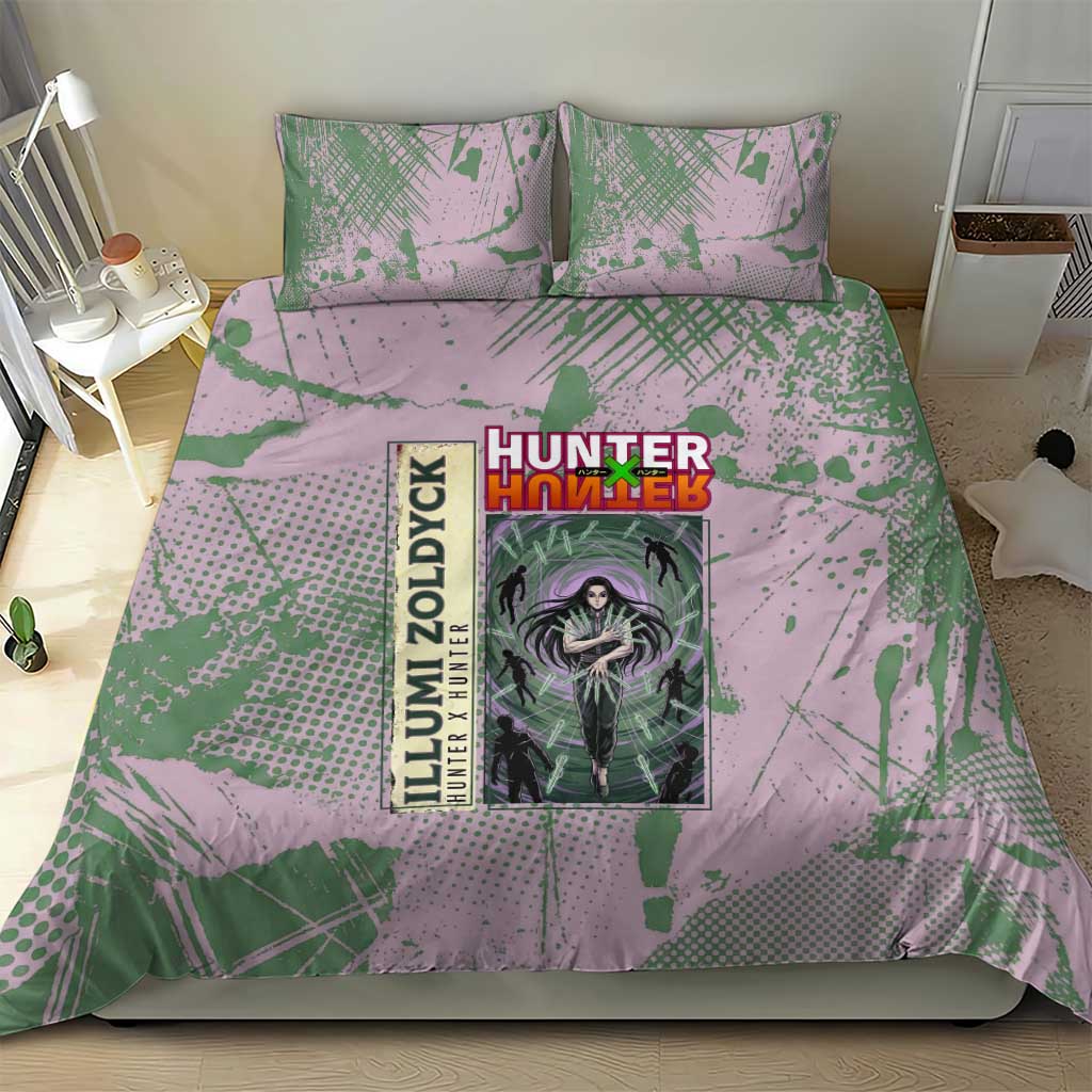Alluka Zoldyck Theme Purple and Green Paint Splatter Design Bedding Set with Nen Ability Artwork and Character Card Style - The Mazicc