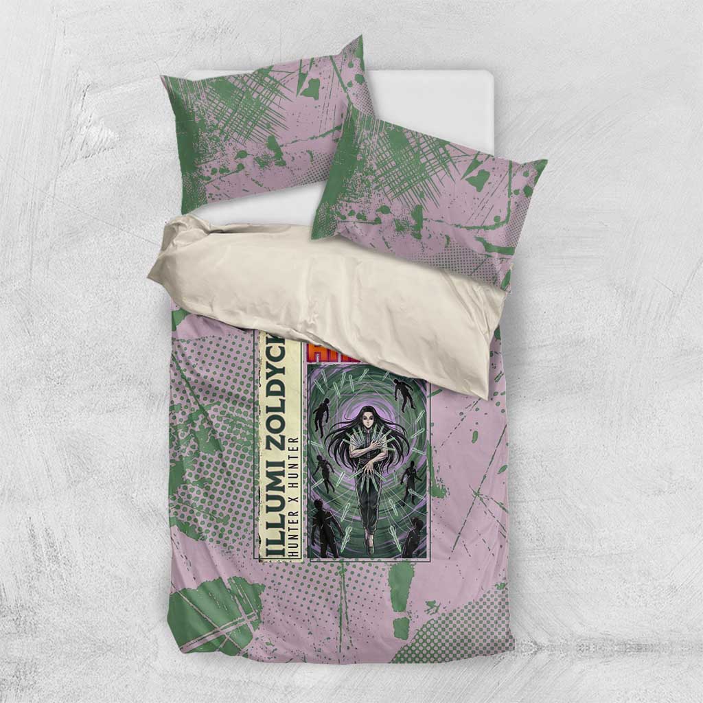 Alluka Zoldyck Theme Purple and Green Paint Splatter Design Bedding Set with Nen Ability Artwork and Character Card Style - The Mazicc