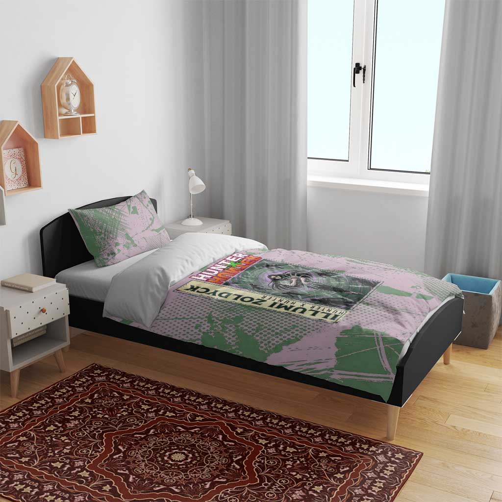 Alluka Zoldyck Theme Purple and Green Paint Splatter Design Bedding Set with Nen Ability Artwork and Character Card Style - The Mazicc