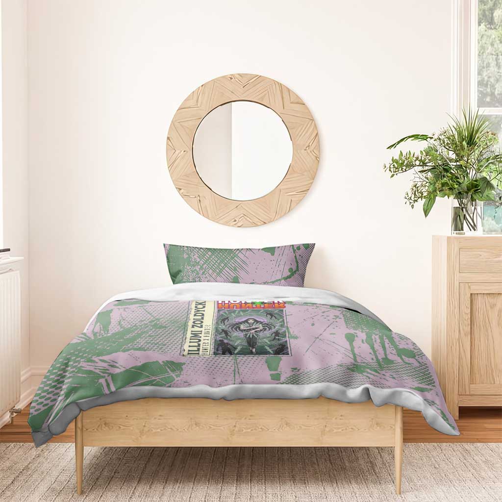 Alluka Zoldyck Theme Purple and Green Paint Splatter Design Bedding Set with Nen Ability Artwork and Character Card Style - The Mazicc
