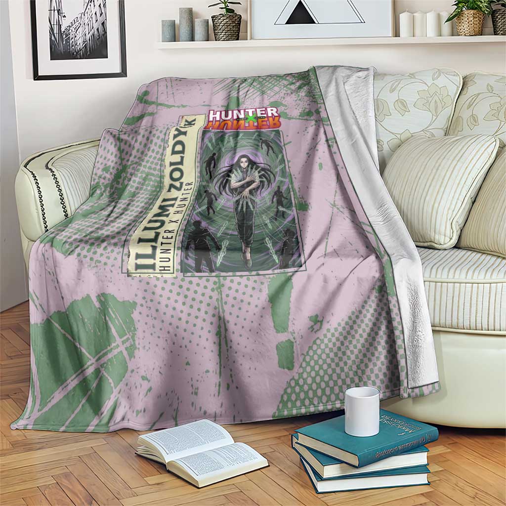 Alluka Zoldyck Theme Purple and Green Paint Splatter Design Blanket with Nen Ability Artwork and Character Card Style - The Mazicc