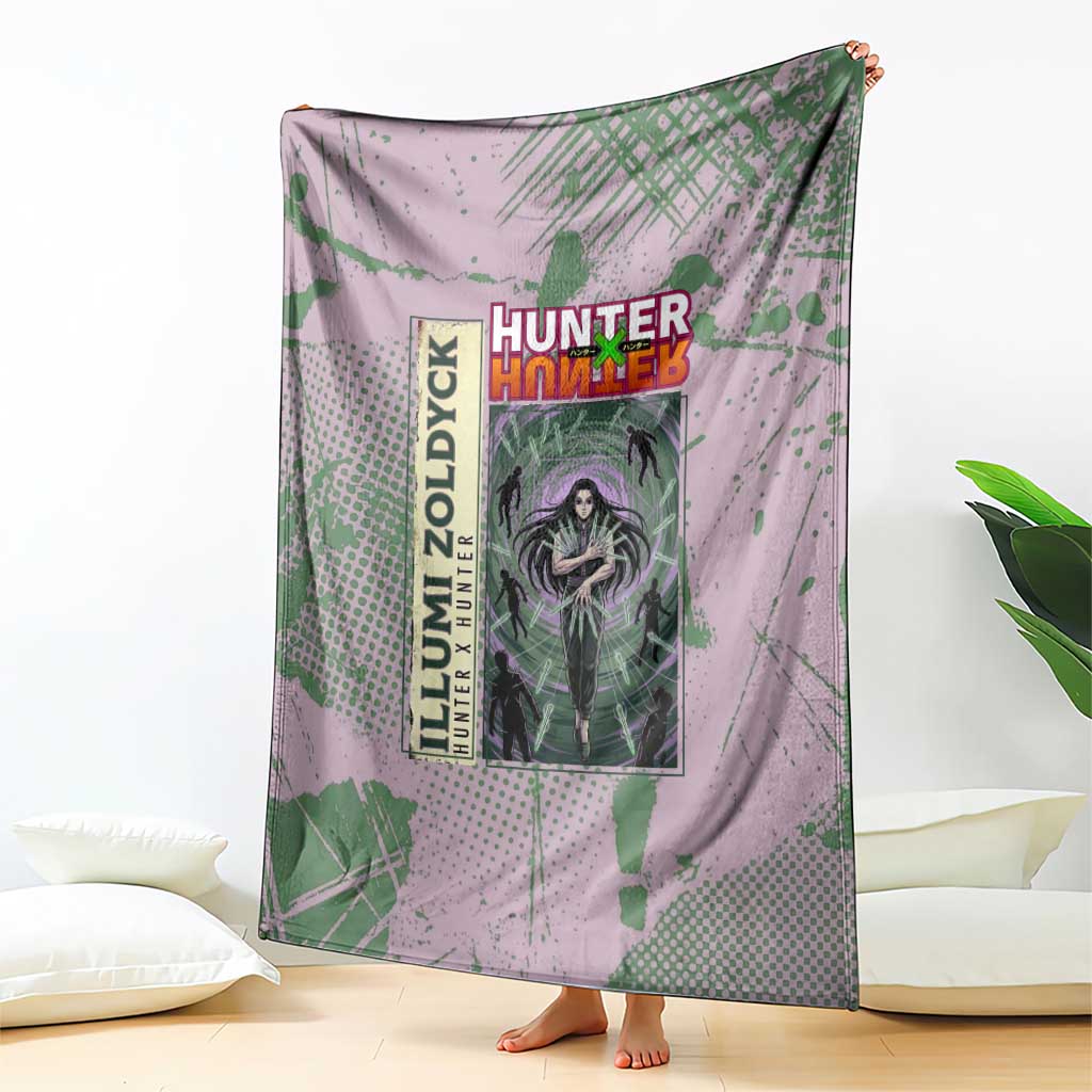 Alluka Zoldyck Theme Purple and Green Paint Splatter Design Blanket with Nen Ability Artwork and Character Card Style - The Mazicc