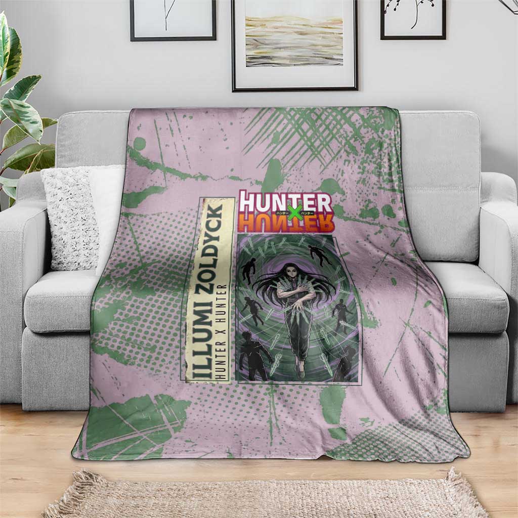 Alluka Zoldyck Theme Purple and Green Paint Splatter Design Blanket with Nen Ability Artwork and Character Card Style - The Mazicc