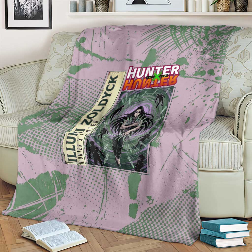 Alluka Zoldyck Theme Purple and Green Paint Splatter Design Blanket with Nen Ability Artwork and Character Card Style - The Mazicc