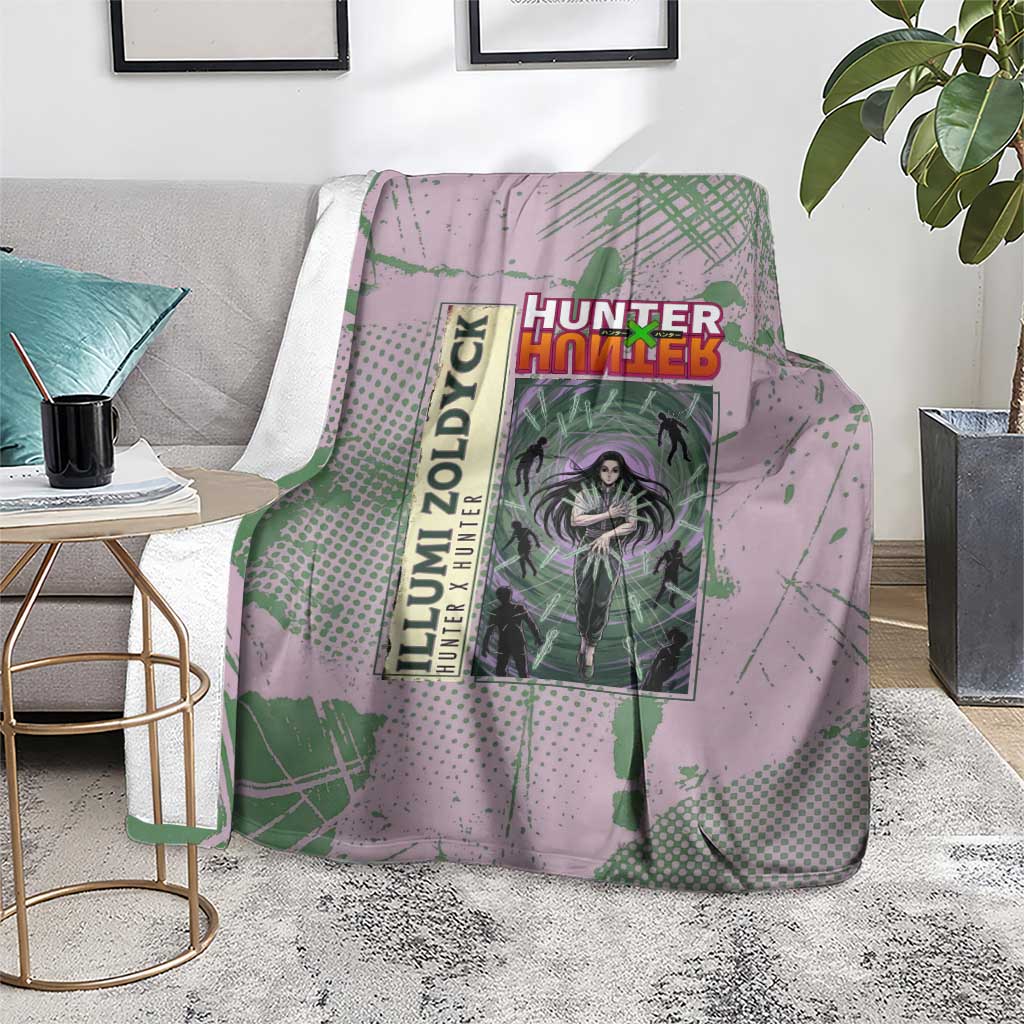 Alluka Zoldyck Theme Purple and Green Paint Splatter Design Blanket with Nen Ability Artwork and Character Card Style - The Mazicc