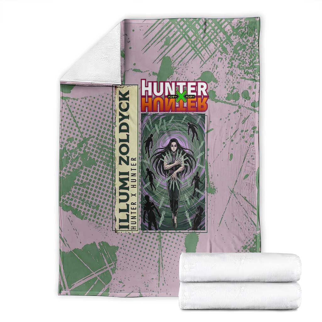 Alluka Zoldyck Theme Purple and Green Paint Splatter Design Blanket with Nen Ability Artwork and Character Card Style - The Mazicc