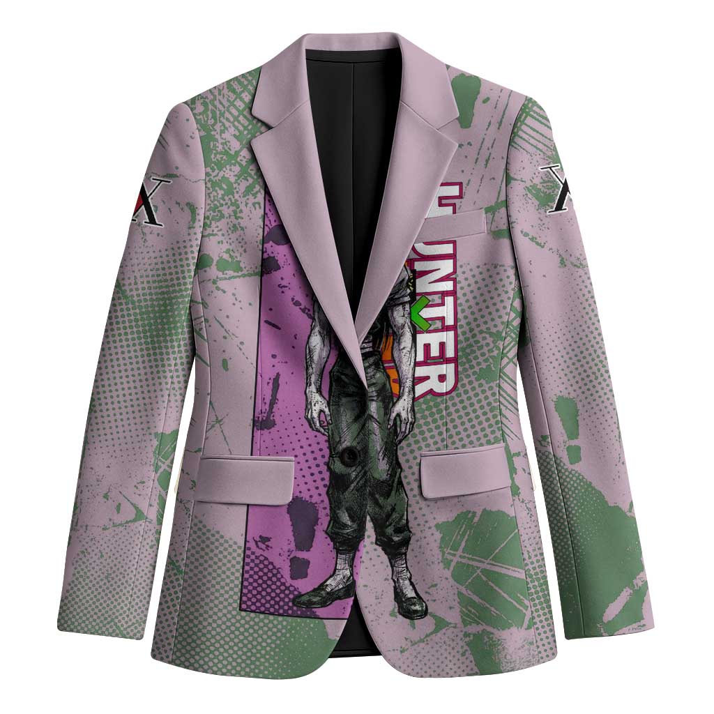 Alluka Zoldyck Theme Purple and Green Paint Splatter Design Blazer with Nen Ability Artwork and Character Card Style - The Mazicc