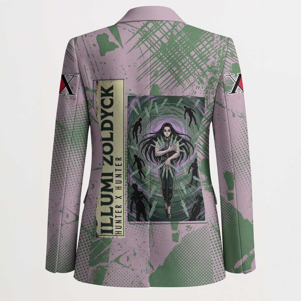 Alluka Zoldyck Theme Purple and Green Paint Splatter Design Blazer with Nen Ability Artwork and Character Card Style - The Mazicc