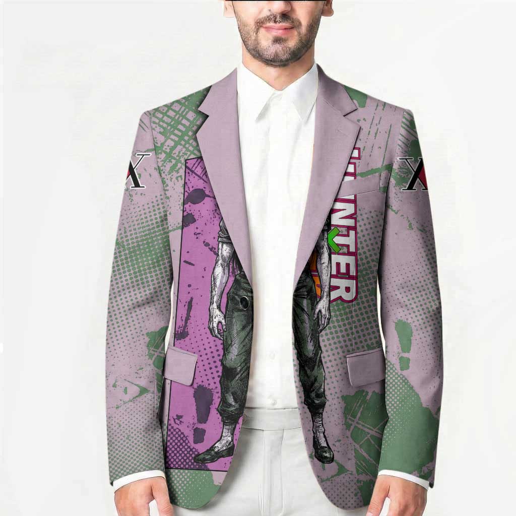 Alluka Zoldyck Theme Purple and Green Paint Splatter Design Blazer with Nen Ability Artwork and Character Card Style - The Mazicc