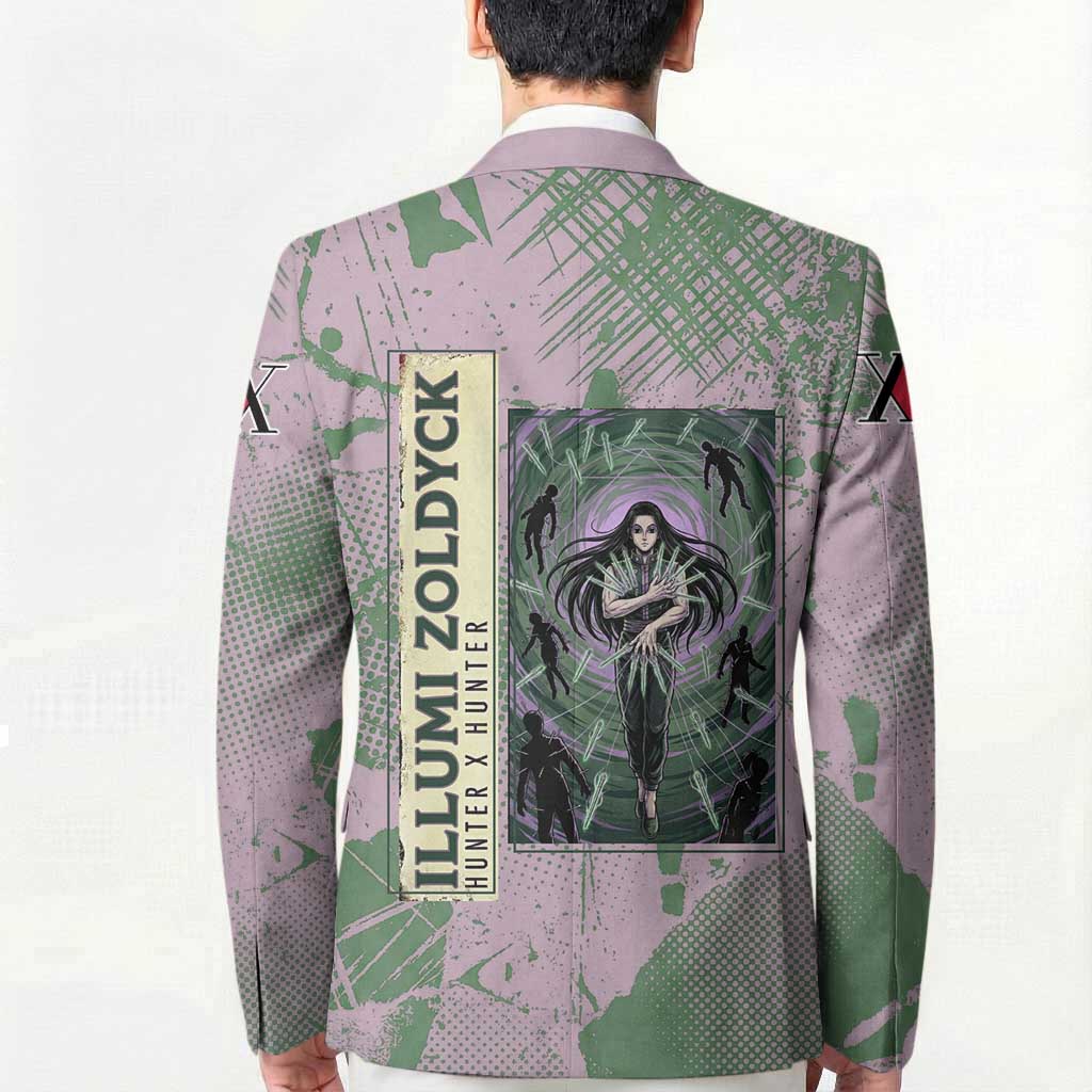 Alluka Zoldyck Theme Purple and Green Paint Splatter Design Blazer with Nen Ability Artwork and Character Card Style - The Mazicc