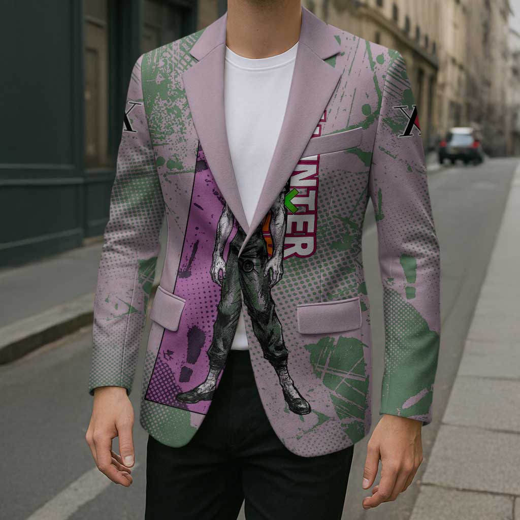 Alluka Zoldyck Theme Purple and Green Paint Splatter Design Blazer with Nen Ability Artwork and Character Card Style - The Mazicc