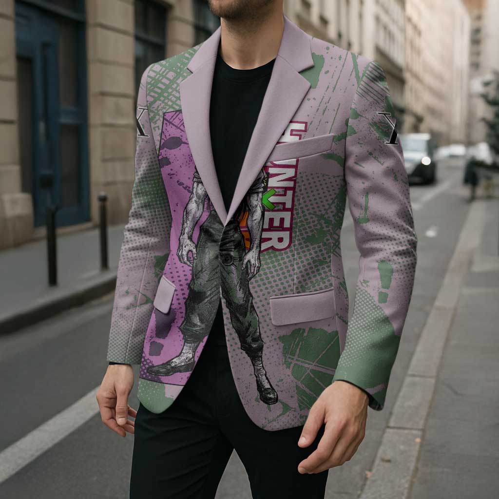 Alluka Zoldyck Theme Purple and Green Paint Splatter Design Blazer with Nen Ability Artwork and Character Card Style - The Mazicc