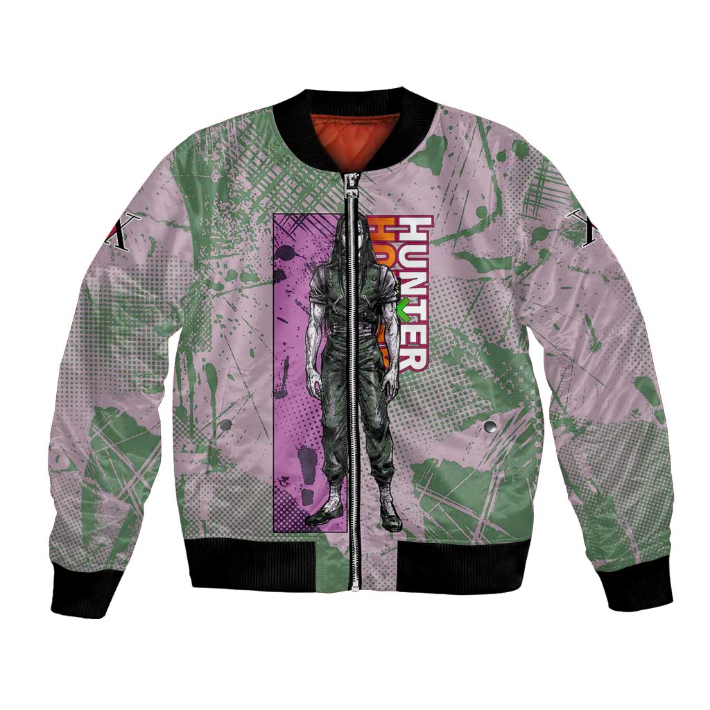 Alluka Zoldyck Theme Purple and Green Paint Splatter Design Bomber Jacket with Nen Ability Artwork and Character Card Style - The Mazicc