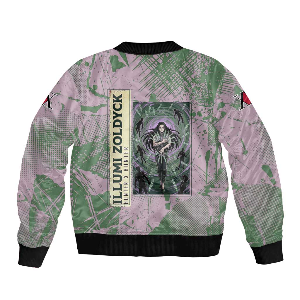 Alluka Zoldyck Theme Purple and Green Paint Splatter Design Bomber Jacket with Nen Ability Artwork and Character Card Style - The Mazicc