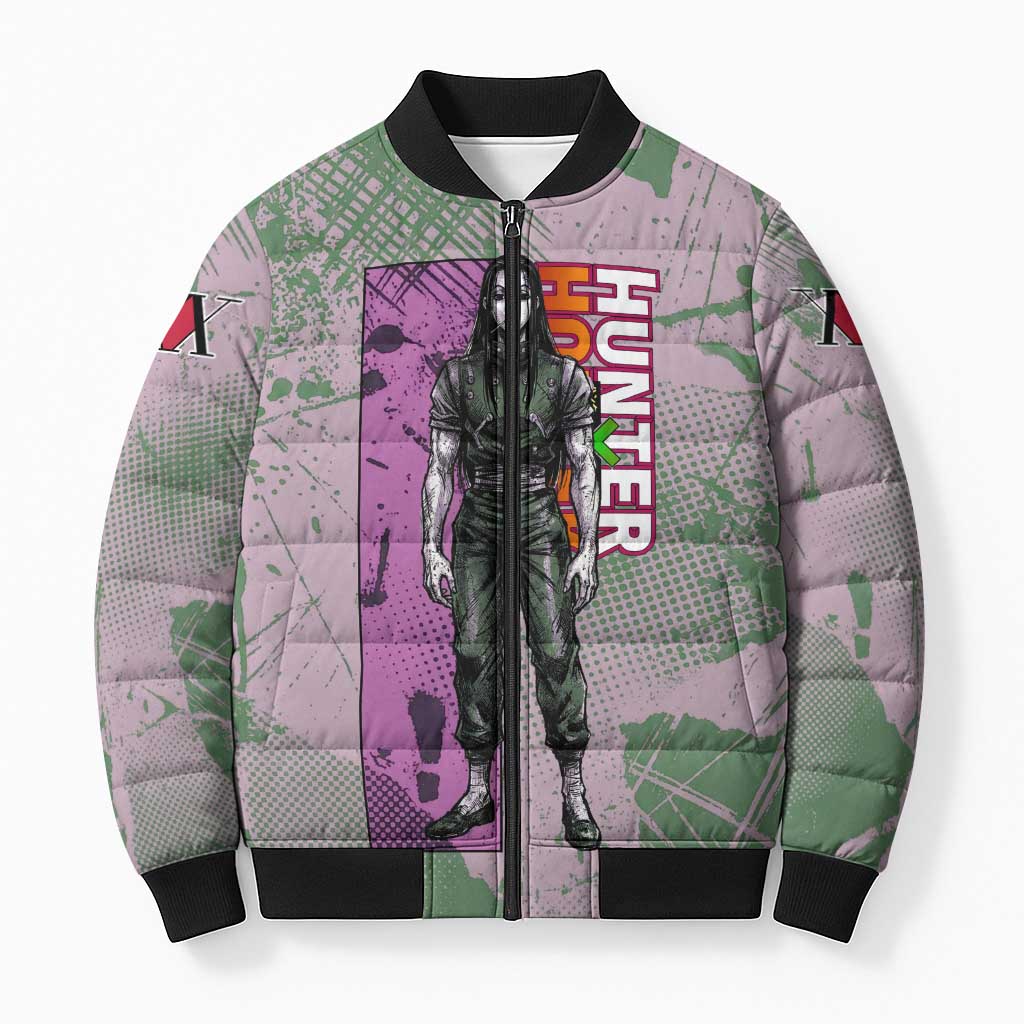 Alluka Zoldyck Theme Purple and Green Paint Splatter Design Bomber Puffer Jacket with Nen Ability Artwork and Character Card Style - The Mazicc