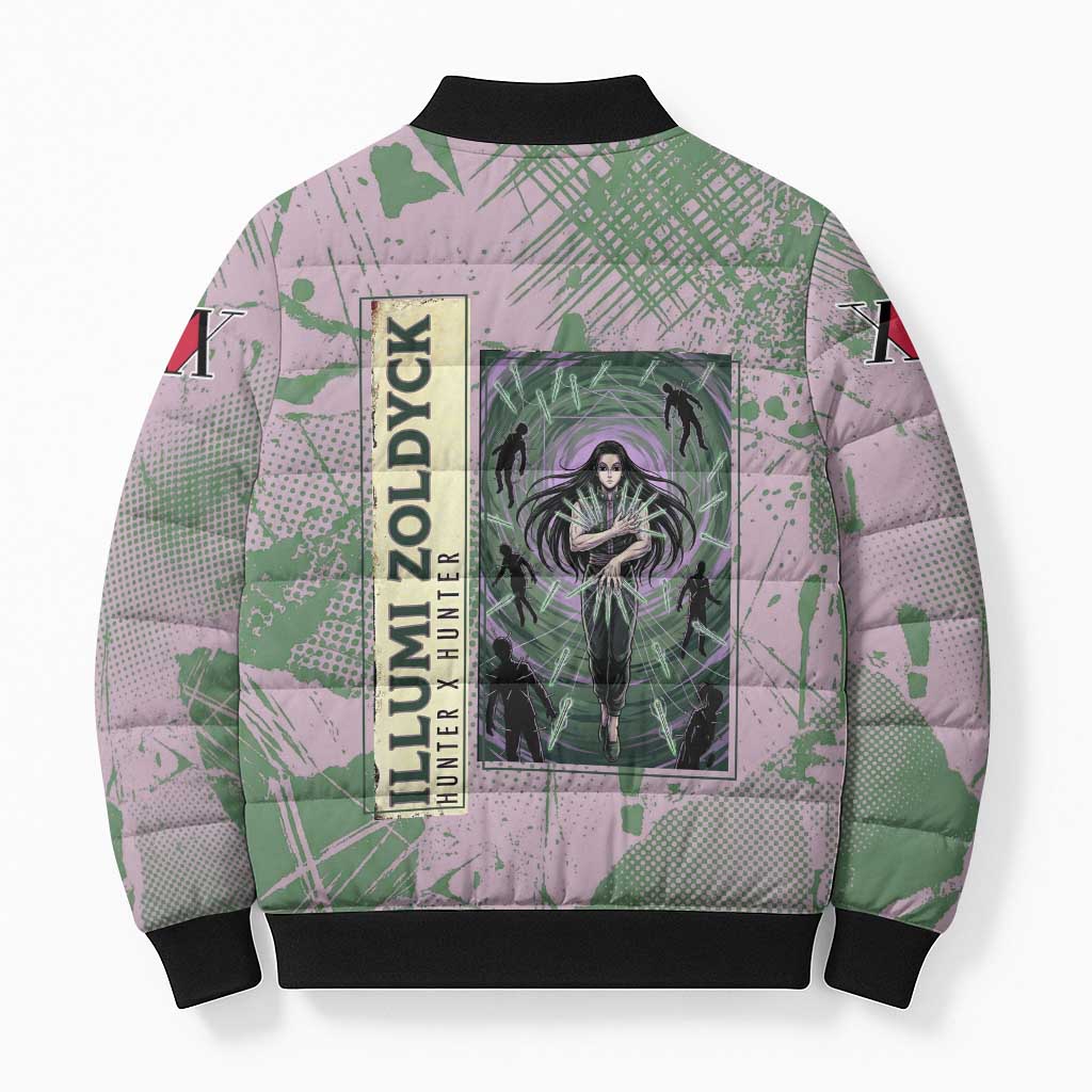 Alluka Zoldyck Theme Purple and Green Paint Splatter Design Bomber Puffer Jacket with Nen Ability Artwork and Character Card Style - The Mazicc