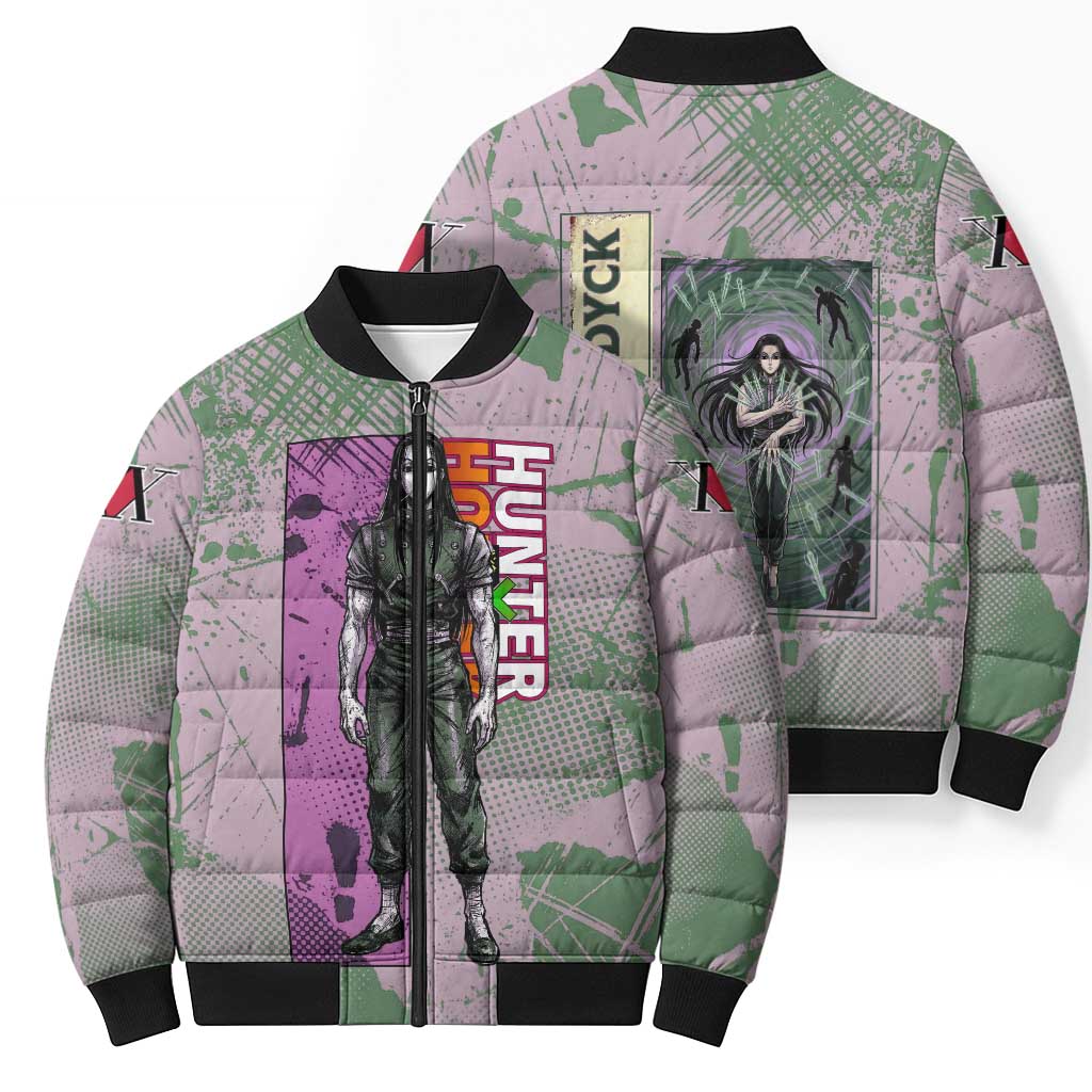 Alluka Zoldyck Theme Purple and Green Paint Splatter Design Bomber Puffer Jacket with Nen Ability Artwork and Character Card Style - The Mazicc
