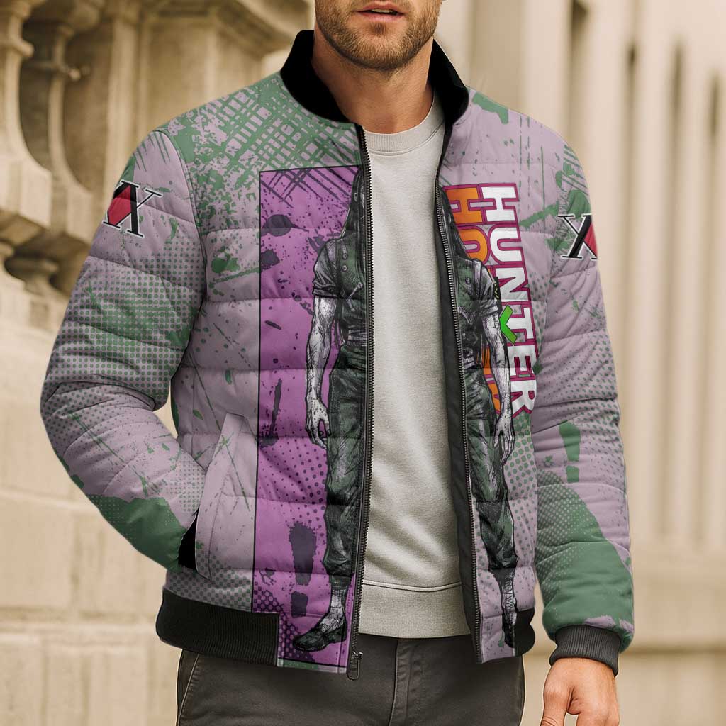 Alluka Zoldyck Theme Purple and Green Paint Splatter Design Bomber Puffer Jacket with Nen Ability Artwork and Character Card Style - The Mazicc