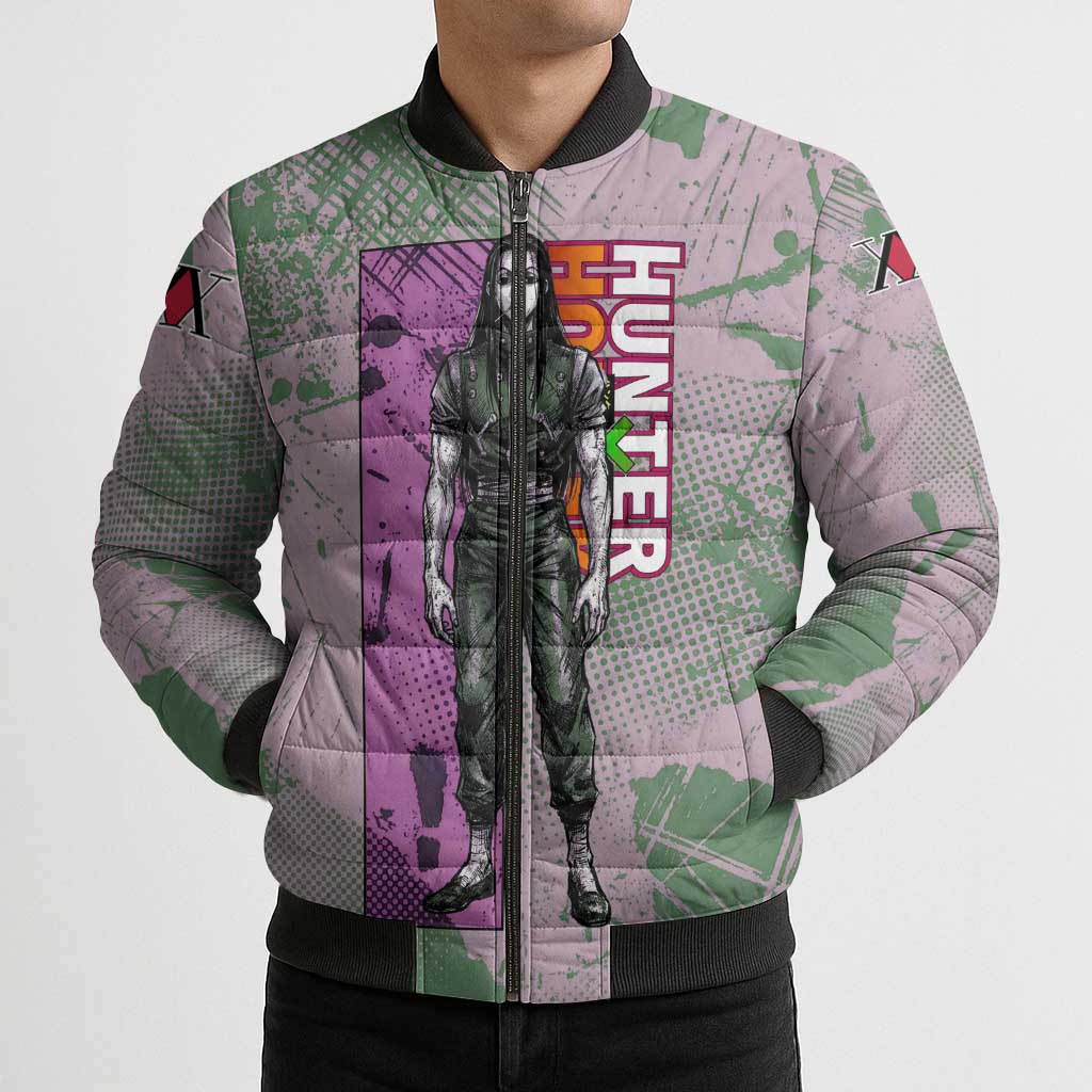 Alluka Zoldyck Theme Purple and Green Paint Splatter Design Bomber Puffer Jacket with Nen Ability Artwork and Character Card Style - The Mazicc