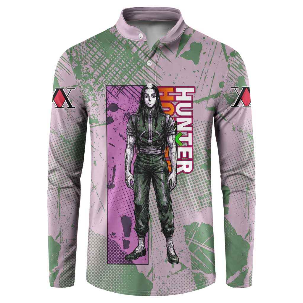 Alluka Zoldyck Theme Purple and Green Paint Splatter Design Button Sweatshirt with Nen Ability Artwork and Character Card Style - The Mazicc