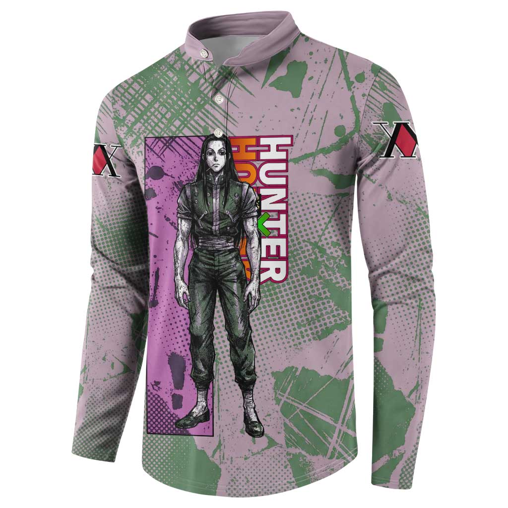 Alluka Zoldyck Theme Purple and Green Paint Splatter Design Button Sweatshirt with Nen Ability Artwork and Character Card Style - The Mazicc