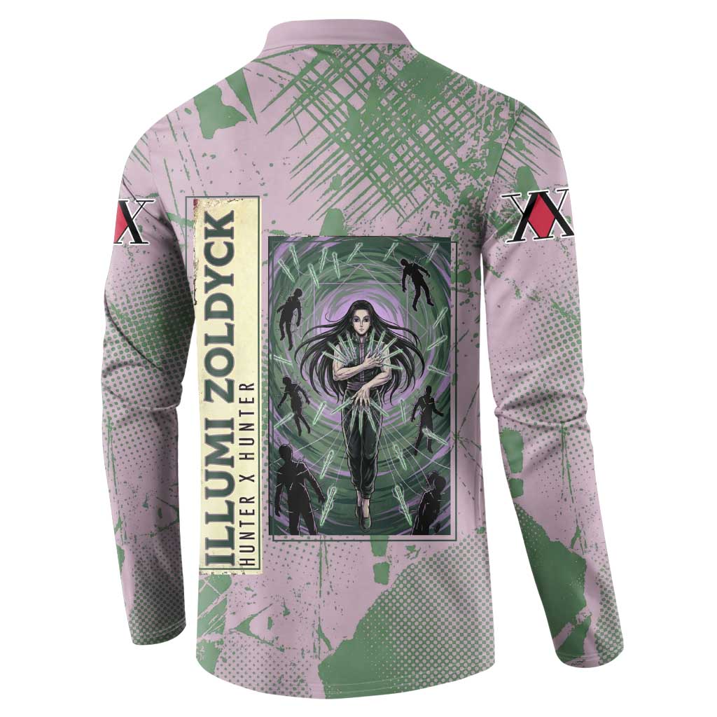 Alluka Zoldyck Theme Purple and Green Paint Splatter Design Button Sweatshirt with Nen Ability Artwork and Character Card Style - The Mazicc