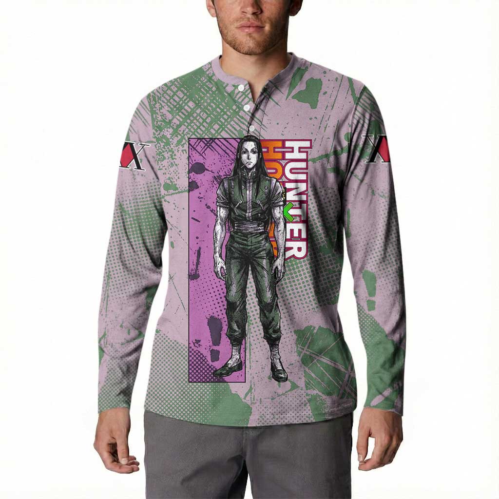 Alluka Zoldyck Theme Purple and Green Paint Splatter Design Button Sweatshirt with Nen Ability Artwork and Character Card Style - The Mazicc
