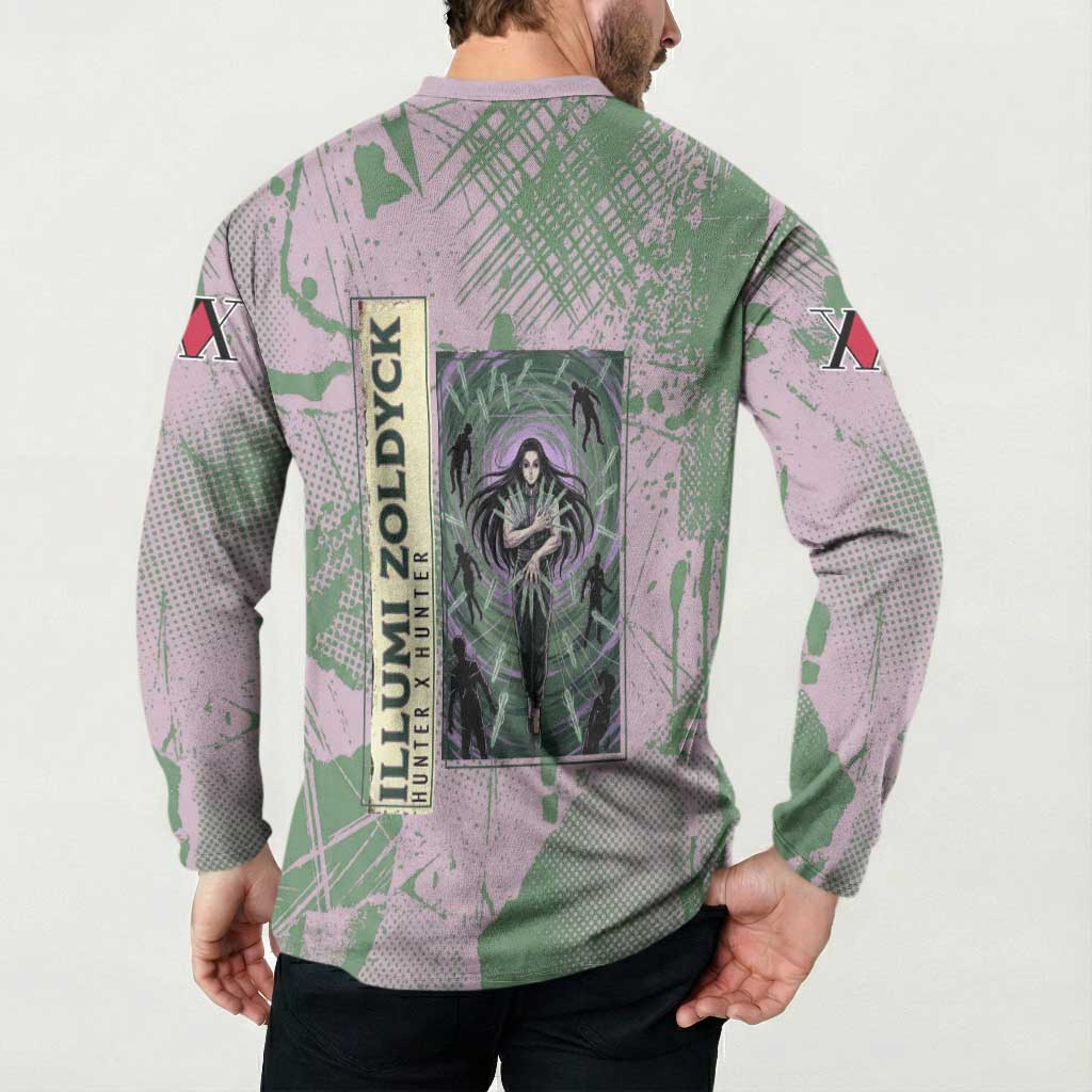 Alluka Zoldyck Theme Purple and Green Paint Splatter Design Button Sweatshirt with Nen Ability Artwork and Character Card Style - The Mazicc