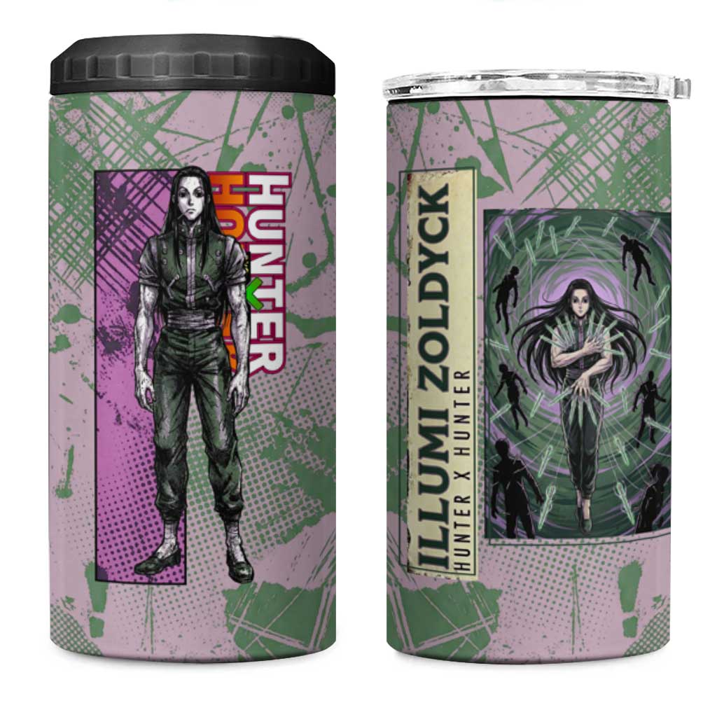 Alluka Zoldyck Theme Purple and Green Paint Splatter Design 4 in 1 Can Cooler Tumbler with Nen Ability Artwork and Character Card Style - The Mazicc