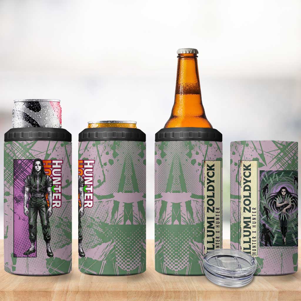 Alluka Zoldyck Theme Purple and Green Paint Splatter Design 4 in 1 Can Cooler Tumbler with Nen Ability Artwork and Character Card Style - The Mazicc
