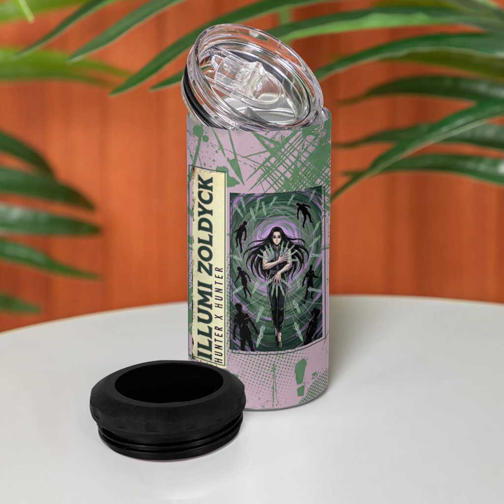 Alluka Zoldyck Theme Purple and Green Paint Splatter Design 4 in 1 Can Cooler Tumbler with Nen Ability Artwork and Character Card Style - The Mazicc