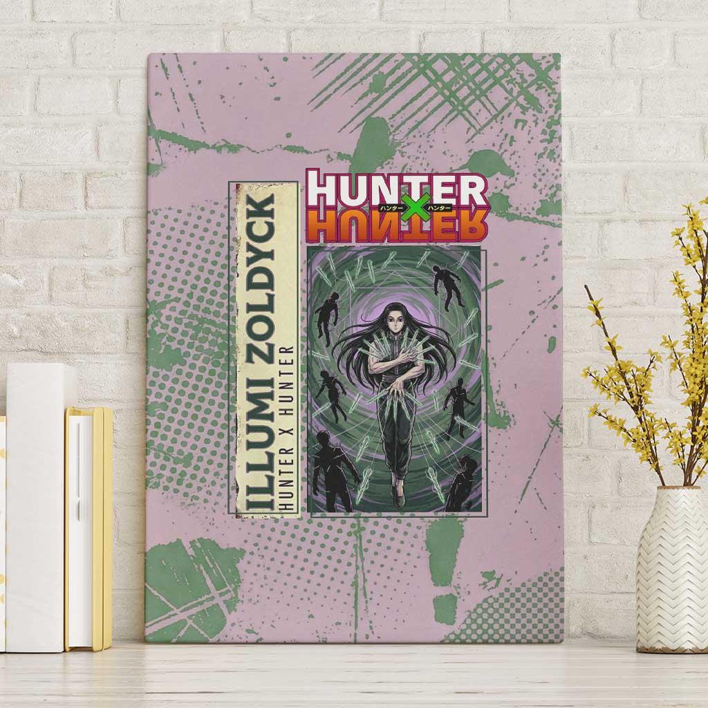 Alluka Zoldyck Theme Purple and Green Paint Splatter Design Canvas Wall Art with Nen Ability Artwork and Character Card Style - The Mazicc