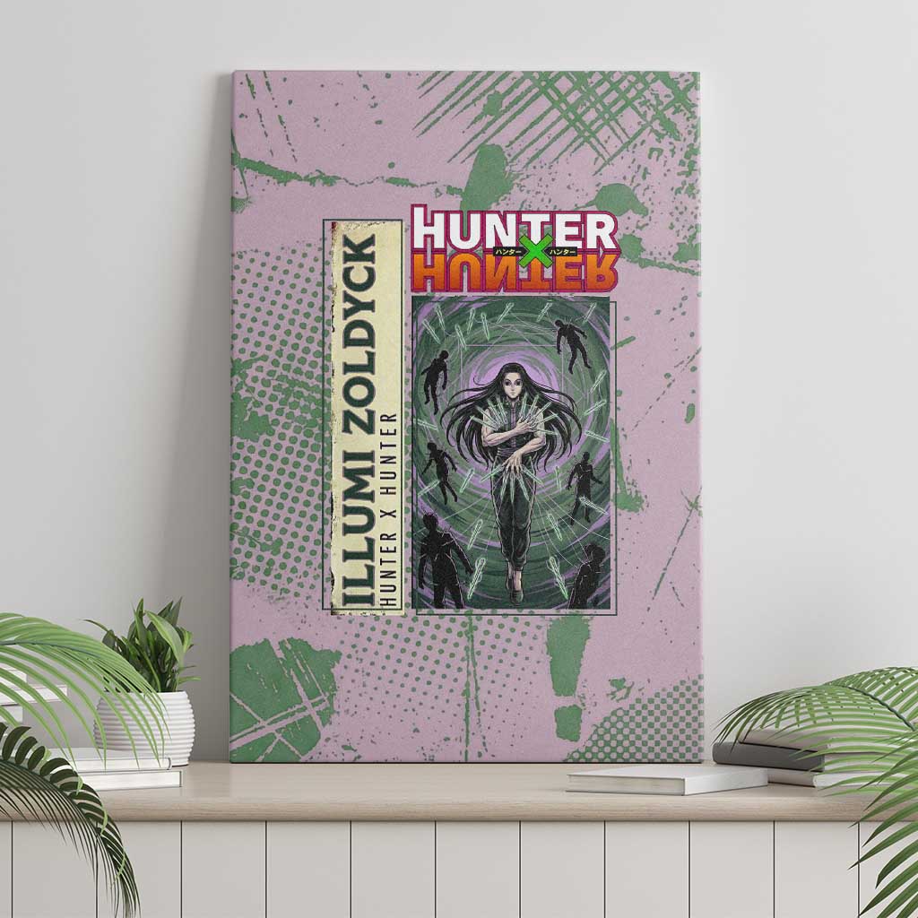 Alluka Zoldyck Theme Purple and Green Paint Splatter Design Canvas Wall Art with Nen Ability Artwork and Character Card Style - The Mazicc