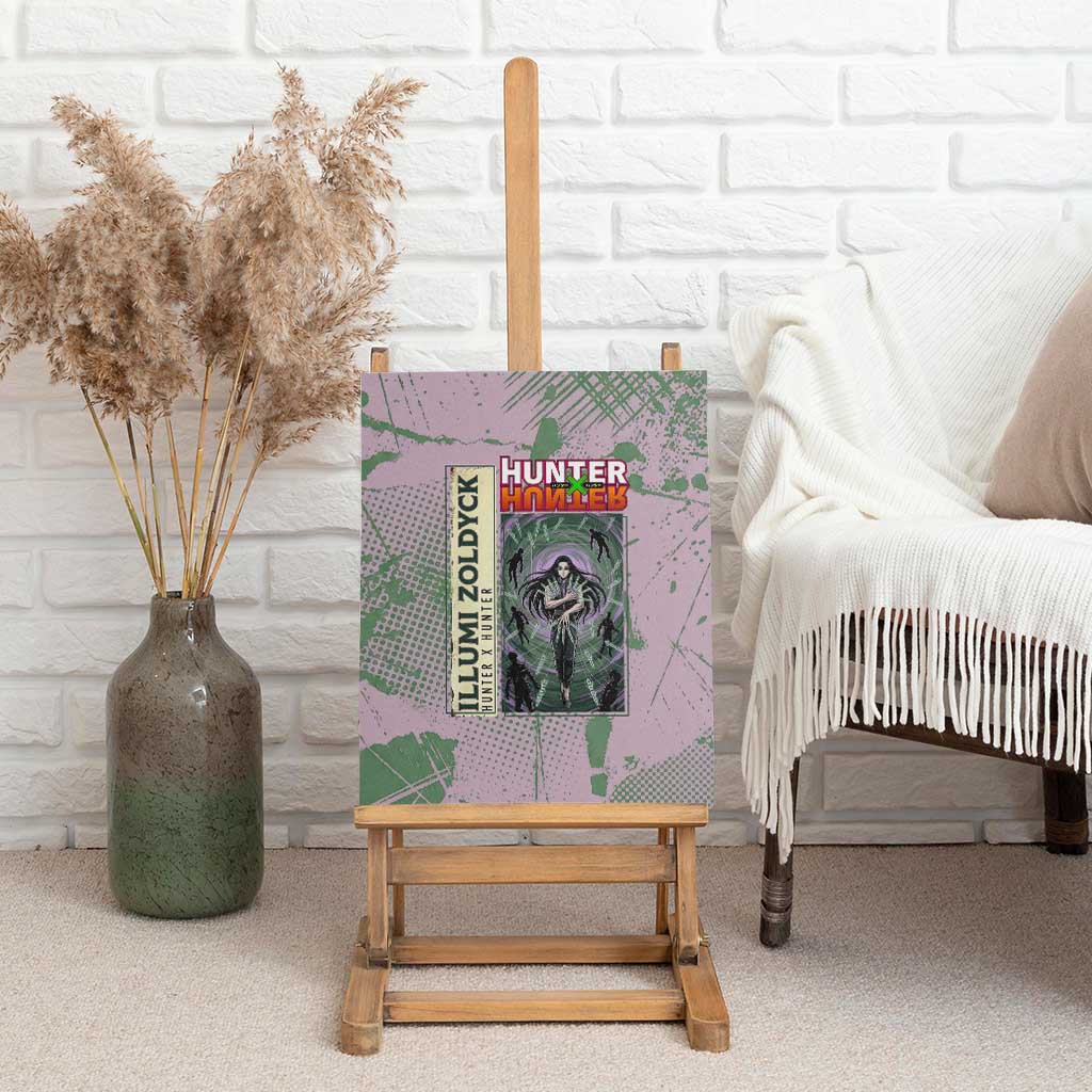 Alluka Zoldyck Theme Purple and Green Paint Splatter Design Canvas Wall Art with Nen Ability Artwork and Character Card Style - The Mazicc