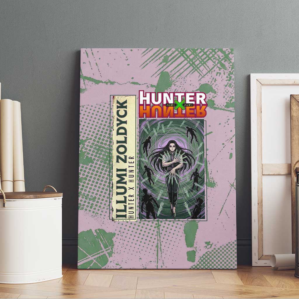 Alluka Zoldyck Theme Purple and Green Paint Splatter Design Canvas Wall Art with Nen Ability Artwork and Character Card Style - The Mazicc