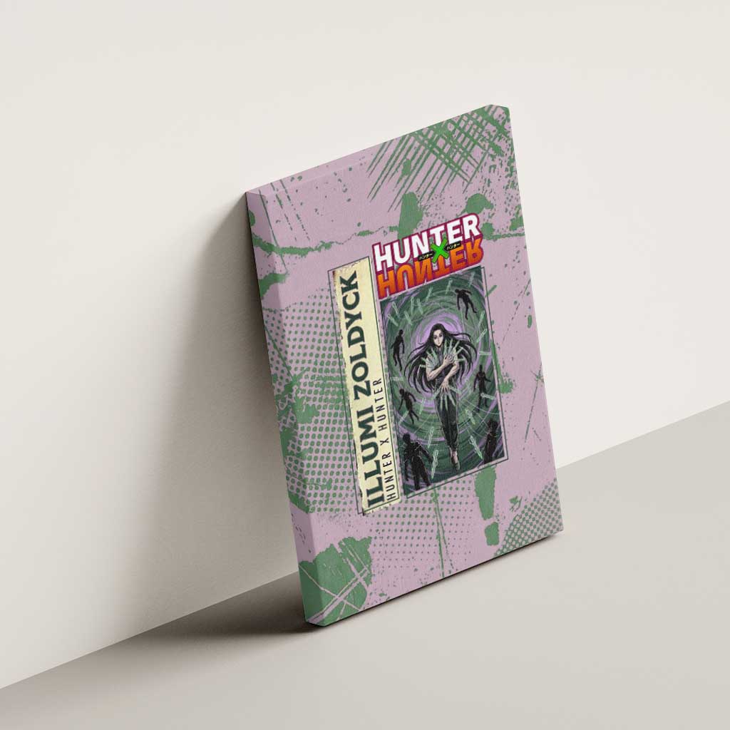 Alluka Zoldyck Theme Purple and Green Paint Splatter Design Canvas Wall Art with Nen Ability Artwork and Character Card Style - The Mazicc
