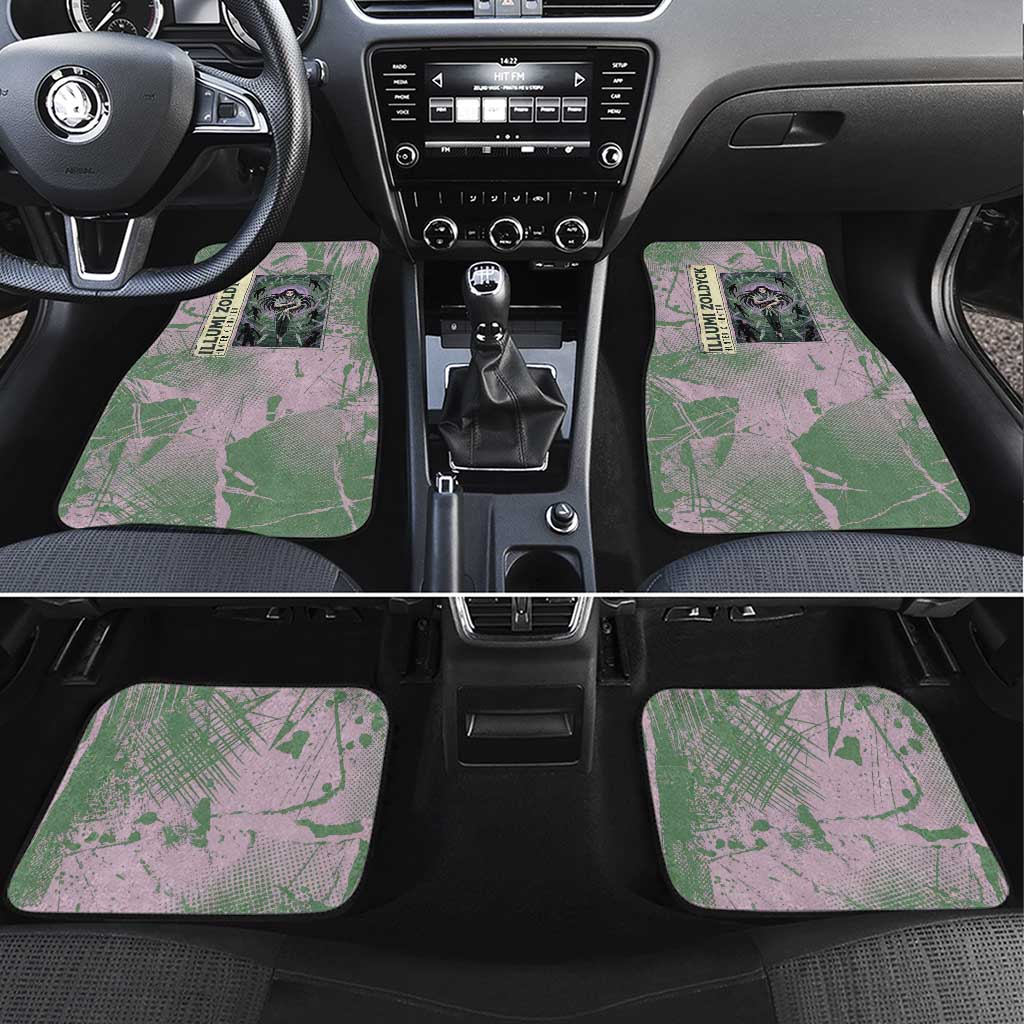Alluka Zoldyck Theme Purple and Green Paint Splatter Design Car Mats with Nen Ability Artwork and Character Card Style - The Mazicc