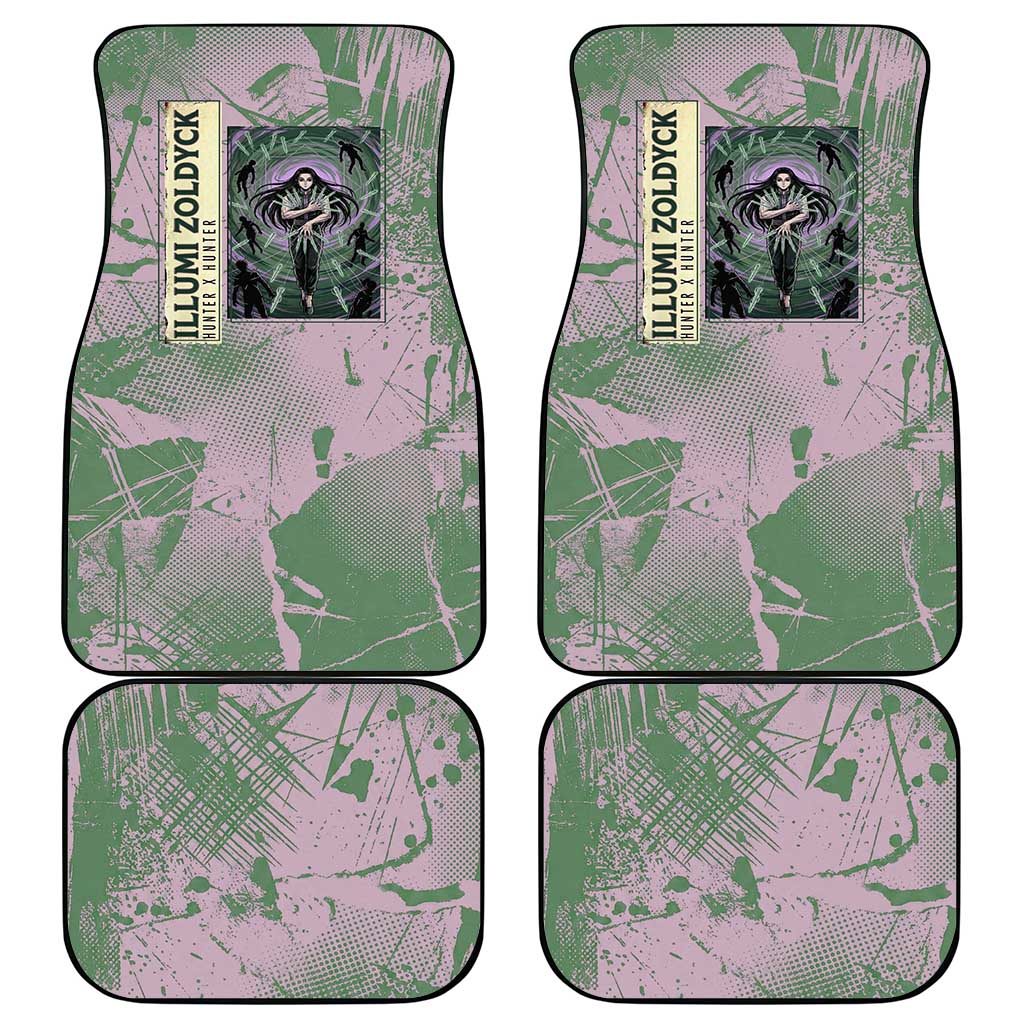 Alluka Zoldyck Theme Purple and Green Paint Splatter Design Car Mats with Nen Ability Artwork and Character Card Style - The Mazicc
