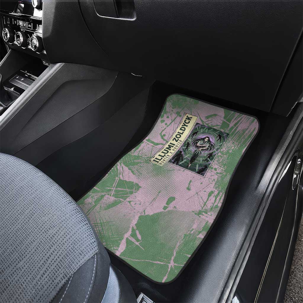 Alluka Zoldyck Theme Purple and Green Paint Splatter Design Car Mats with Nen Ability Artwork and Character Card Style - The Mazicc