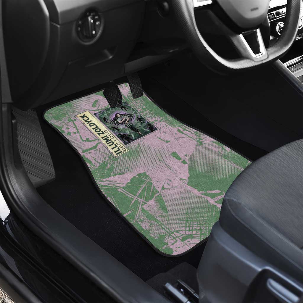 Alluka Zoldyck Theme Purple and Green Paint Splatter Design Car Mats with Nen Ability Artwork and Character Card Style - The Mazicc
