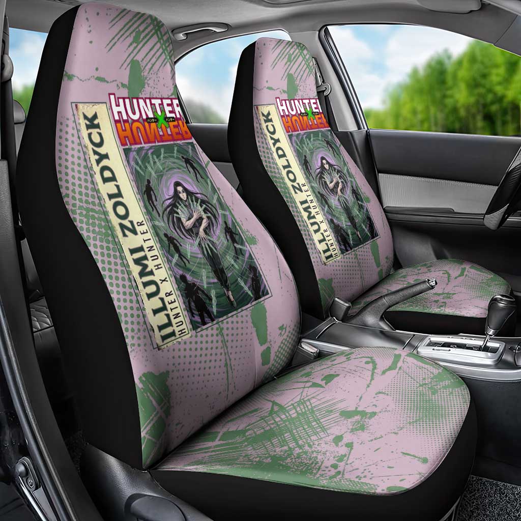 Alluka Zoldyck Theme Purple and Green Paint Splatter Design Car Seat Cover with Nen Ability Artwork and Character Card Style - The Mazicc