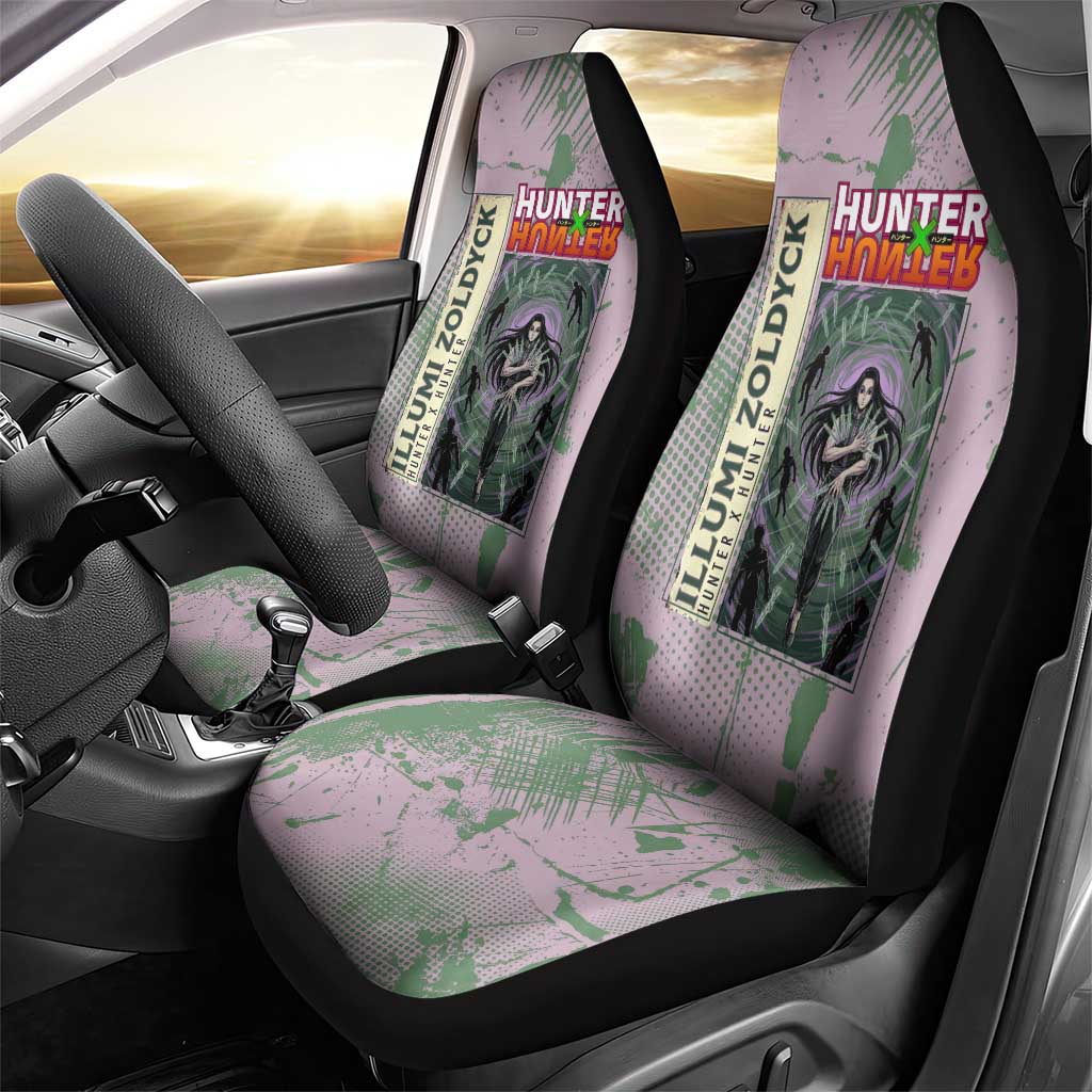 Alluka Zoldyck Theme Purple and Green Paint Splatter Design Car Seat Cover with Nen Ability Artwork and Character Card Style - The Mazicc