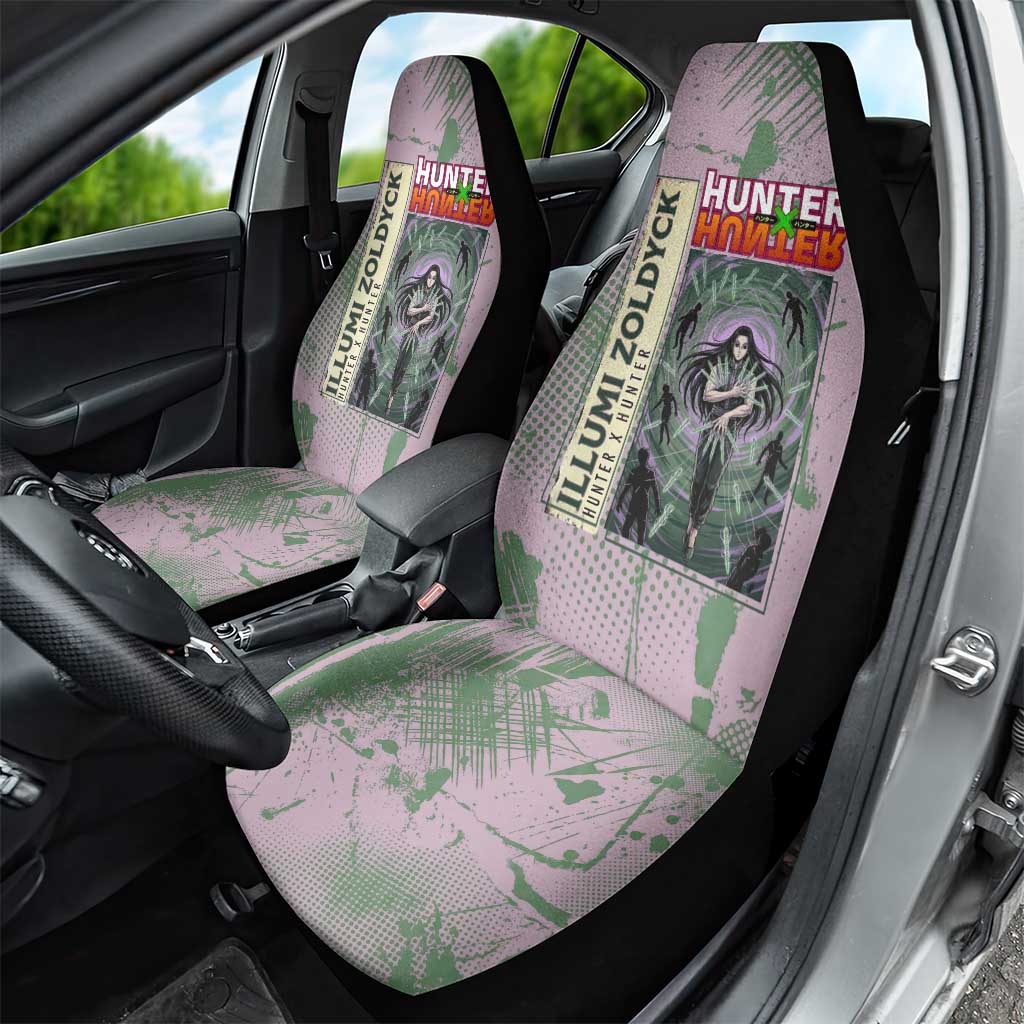 Alluka Zoldyck Theme Purple and Green Paint Splatter Design Car Seat Cover with Nen Ability Artwork and Character Card Style - The Mazicc