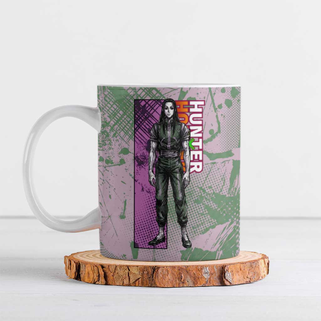 Alluka Zoldyck Theme Purple and Green Paint Splatter Design Ceramic Mug with Nen Ability Artwork and Character Card Style - The Mazicc
