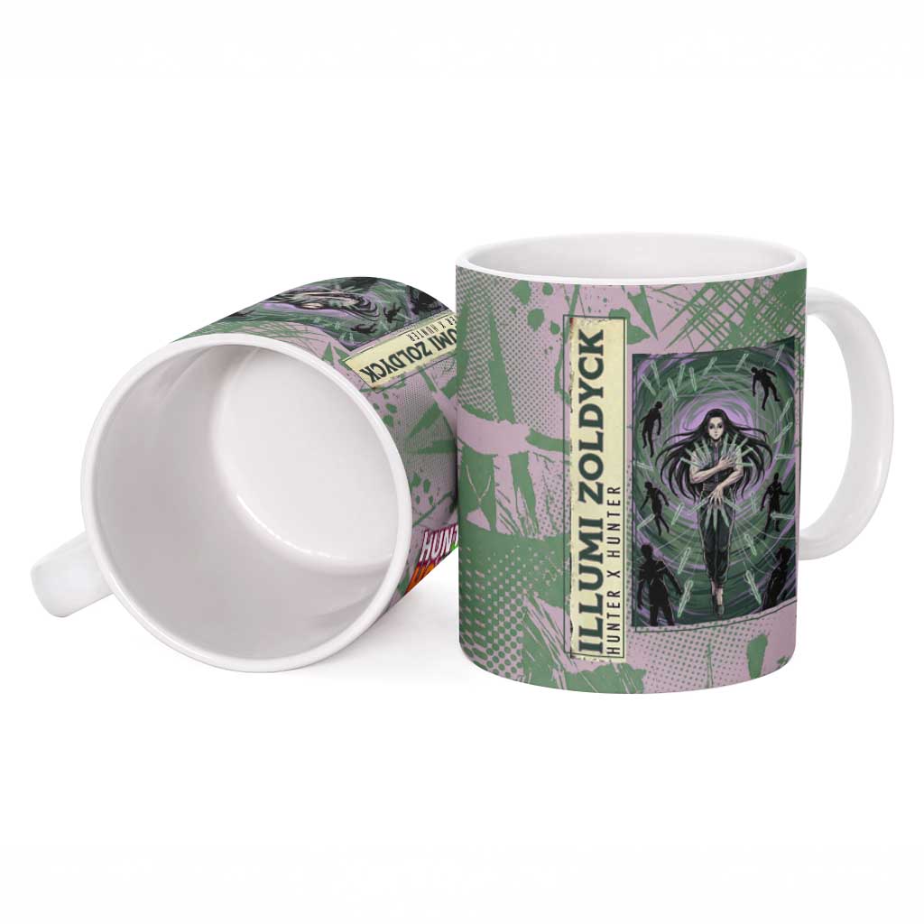 Alluka Zoldyck Theme Purple and Green Paint Splatter Design Ceramic Mug with Nen Ability Artwork and Character Card Style - The Mazicc