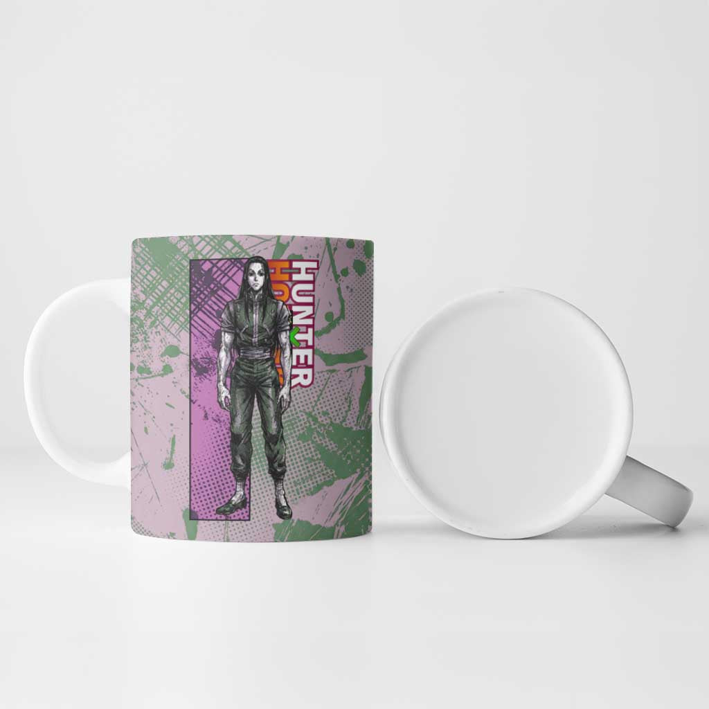 Alluka Zoldyck Theme Purple and Green Paint Splatter Design Ceramic Mug with Nen Ability Artwork and Character Card Style - The Mazicc