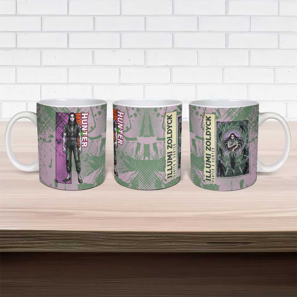 Alluka Zoldyck Theme Purple and Green Paint Splatter Design Ceramic Mug with Nen Ability Artwork and Character Card Style - The Mazicc