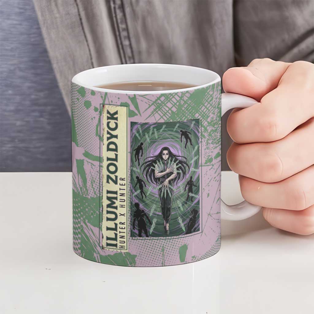 Alluka Zoldyck Theme Purple and Green Paint Splatter Design Ceramic Mug with Nen Ability Artwork and Character Card Style - The Mazicc