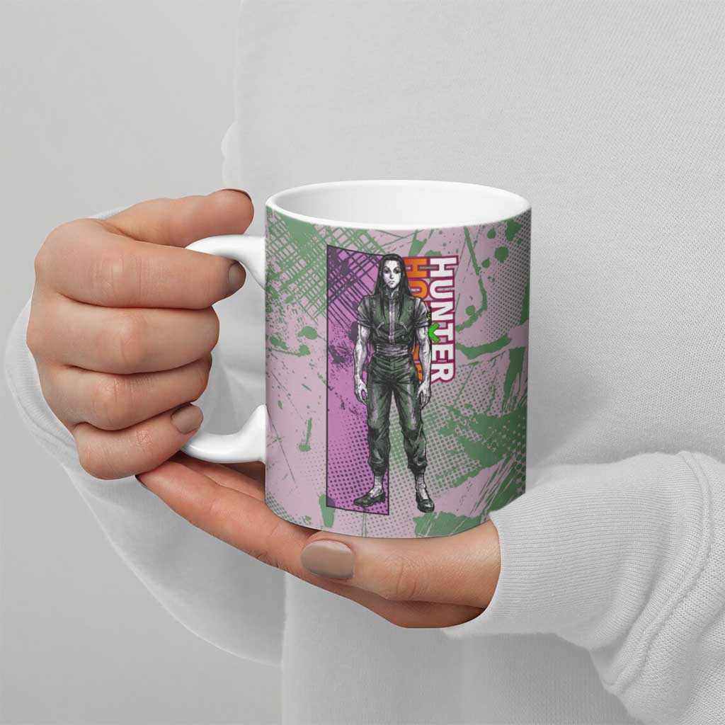 Alluka Zoldyck Theme Purple and Green Paint Splatter Design Ceramic Mug with Nen Ability Artwork and Character Card Style - The Mazicc