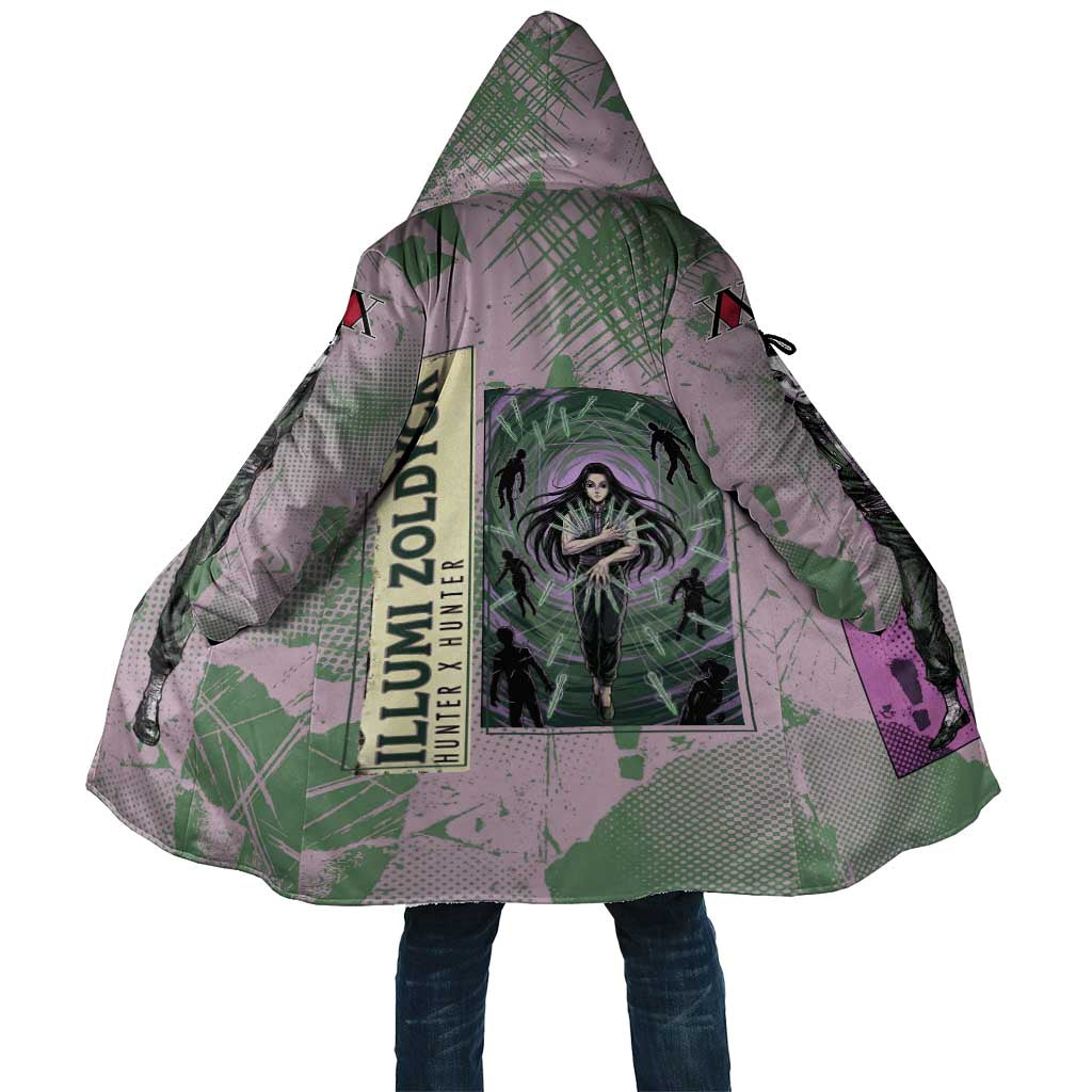 Alluka Zoldyck Theme Purple and Green Paint Splatter Design Cloak with Nen Ability Artwork and Character Card Style - The Mazicc